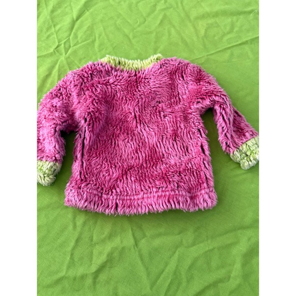 Vintage Woogie Fuzzy Shaggy Fleece Sweater Pink Lime Green V-Neck Kids 12M - Picture 4 of 7